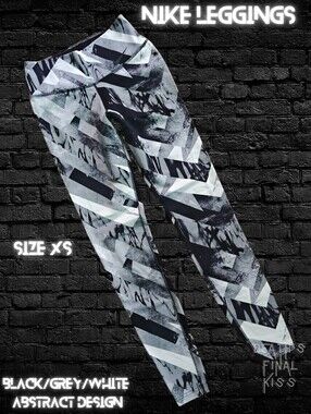 Nike Black/Grey/White Abstract Print Leggings Curved Rear Yolk XS Roller Derby